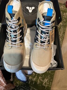 Palladium Tan Canvas High-Top Sneakers with Blue Pull Tabs